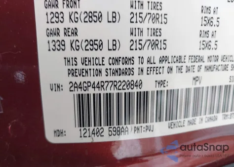 2007 Chrysler Town & Country Lx z USA, uszkodzony, nr VIN 2A4GP44R77R220840